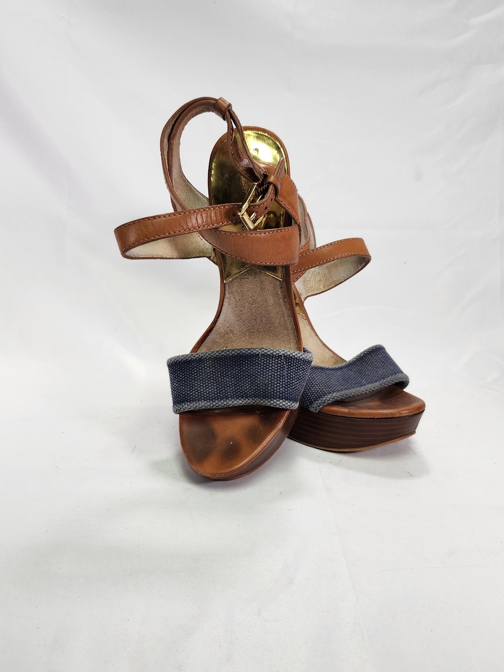 Michael Kors Brown Leather and Navy Fabric Platform Heels